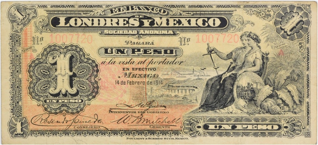 1914 Mexico 1 Peso Banco de Londres S240 Circulated Banknote Uncertified (1 of 2)