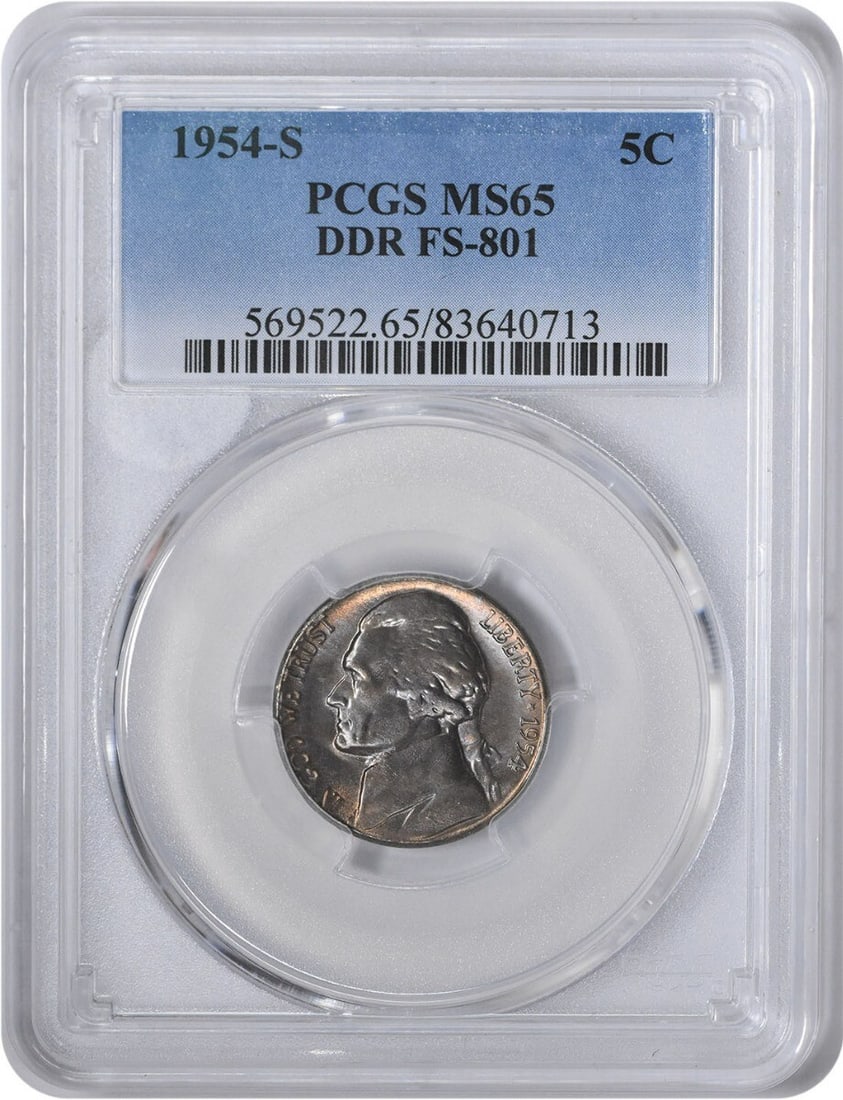 1954-S Jefferson Nickel DDR FS-801 Uncirculated MS65 PCGS Certified: 1954-S Jefferson Nickel DDR FS-801 Uncirculated MS65 PCGS Certified This 1954-S Jefferson Nickel is a remarkable piece for collectors, certified by PCGS with a grade of MS65, indicating an uncirculate