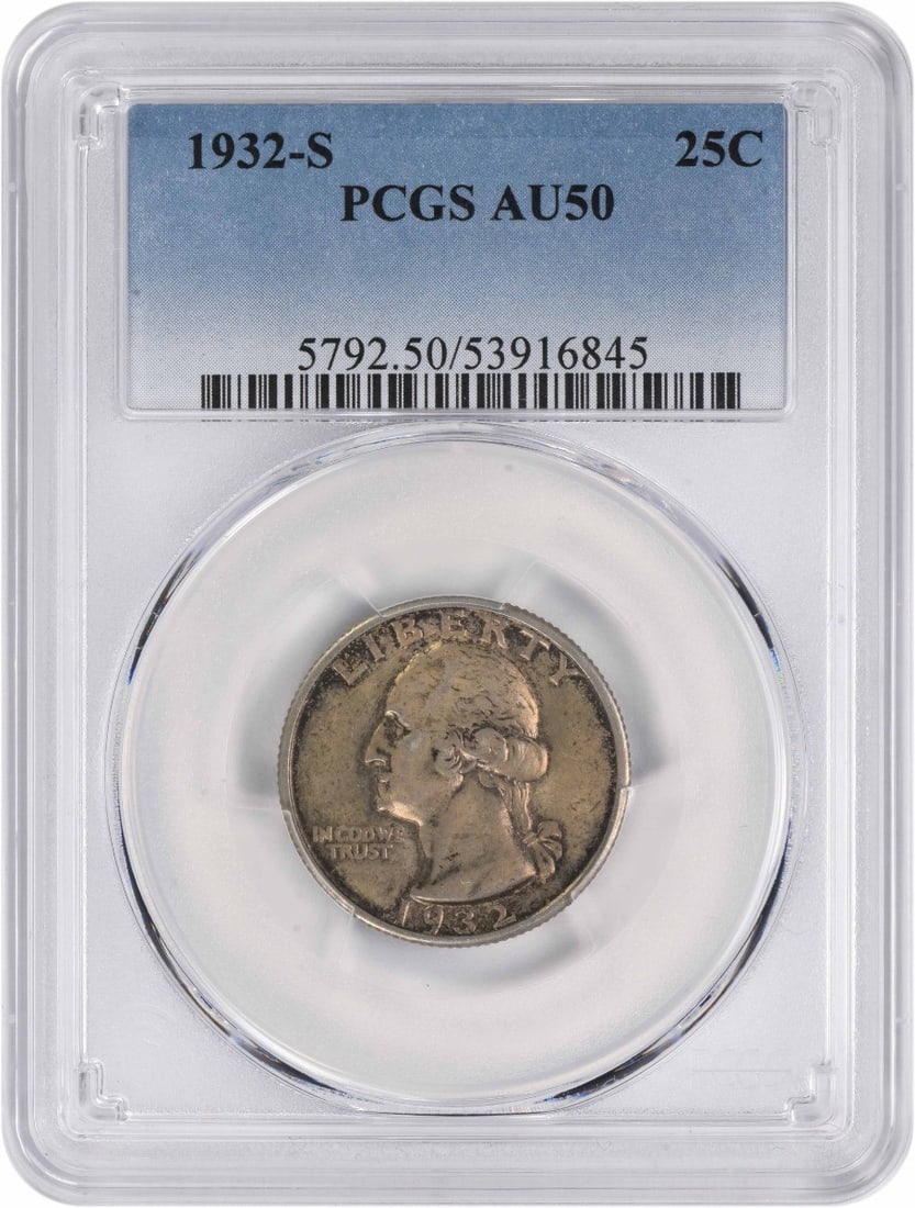 1932-S Washington Silver Quarter AU50 Certified PCGS: 1932-S Washington Silver Quarter AU50 Certified PCGS This 1932-S Washington Silver Quarter is a remarkable piece of American numismatic history. Struck at the San Francisco Mint, it features the renow