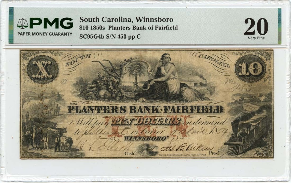 Planters Bank Winnsboro SC 1854 Ten Dollar Obsolete Fairfield Note PMG VF20 (1 of 2)