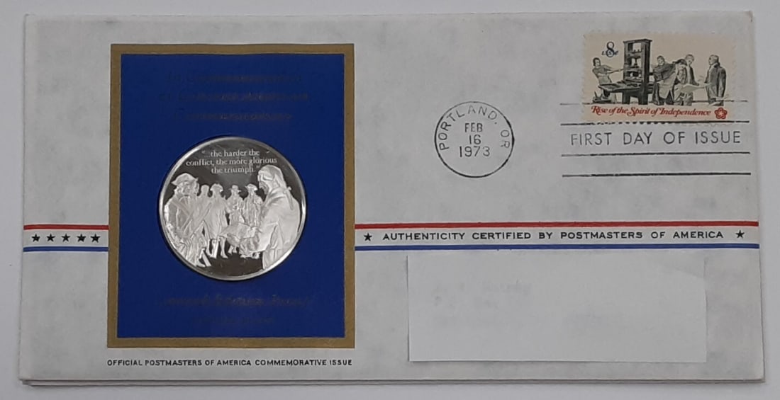 Franklin Mint Sterling Silver Medal 1973 Colonial Communications Commemorative: Franklin Mint Sterling Silver Medal 1973 Colonial Communications Commemorative This 1973 Postmasters of America commemorative silver medal honors Colonial Communications and features a design depictin