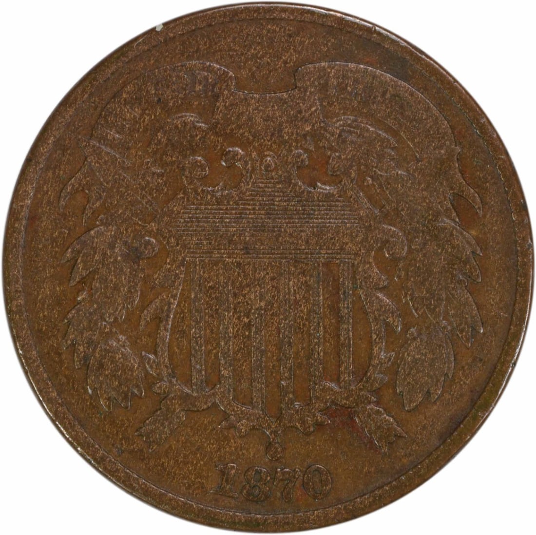 1870 Two Cent Piece Bronze Circulated Philadelphia Mint #201: 1870 Two Cent Piece Bronze Circulated Philadelphia Mint #201 This 1870 Two Cent Piece is a fascinating collectible coin, featuring a design by James Barton Longacre. Struck in bronze and minted in Phi