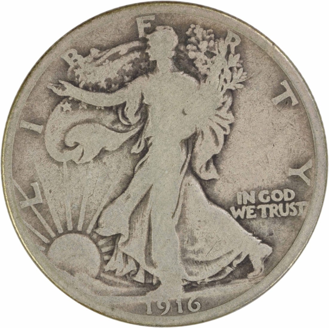 1916 Liberty Walking Half Dollar VG 90 Percent Silver Uncertified Coin: 1916 Liberty Walking Half Dollar VG 90 Percent Silver Uncertified Coin This 1916 Walking Liberty Half Dollar is a circulated coin from the Philadelphia Mint, designed by Adolph Alexander Weinman. It i