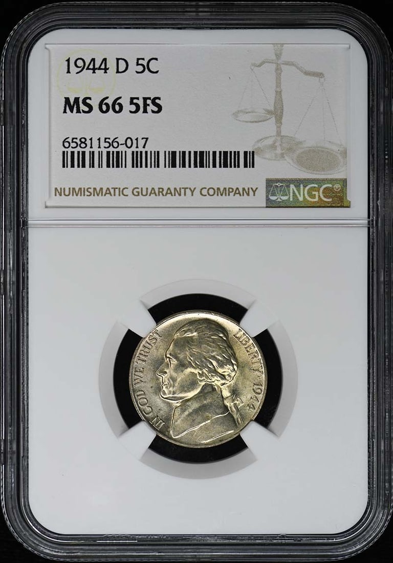 1944-D Jefferson Nickel NGC MS66 Full Steps: 1944-D Jefferson Nickel NGC MS66 Full Steps This 1944-D Jefferson Nickel is certified by NGC and features a high grade of MS66, indicating its uncirculated condition. Minted in Denver, this coin is a 