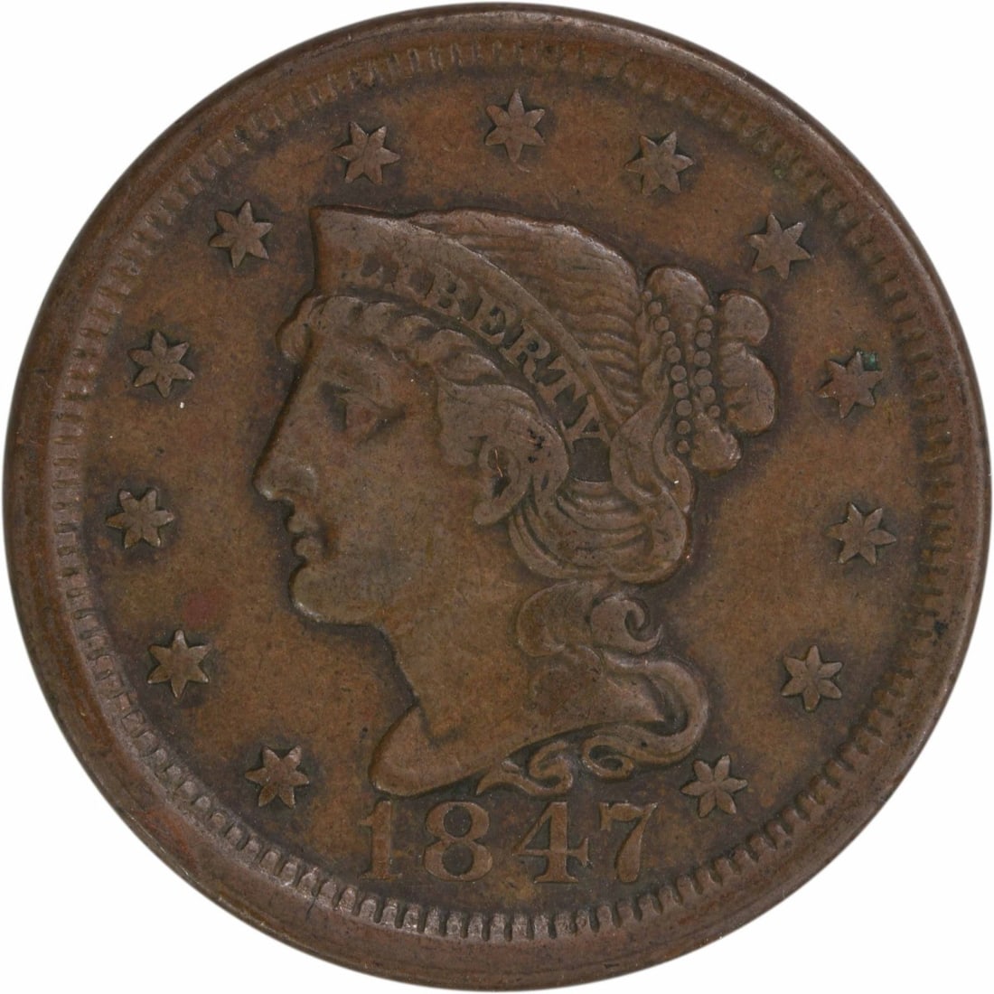 1847 Braided Hair Large Cent VF Uncertified Copper Coin: 1847 Braided Hair Large Cent VF Uncertified Copper Coin This 1847 Large Cent features the Braided Hair design by Christian Gobrecht, showcasing a beautiful representation of this classic coin. Struck 