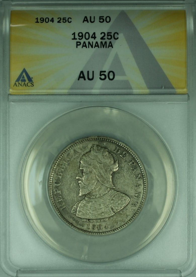 ANACS AU 50 Certified 1904 Panama 25 Centesimos Silver Coin: ANACS AU 50 Certified 1904 Panama 25 Centesimos Silver Coin This 1904 Panama 25 Centesimos coin is composed of silver and has been certified by ANACS with a grade of AU 50. It is a pre-owned collectib