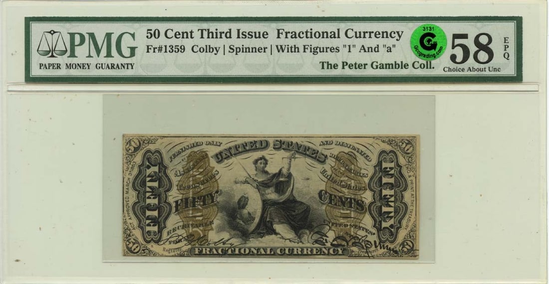 PMG AU58 EPQ Certified Third Issue 50 Cent Fractional Note FR#1359: PMG AU58 EPQ Certified Third Issue 50 Cent Fractional Note FR#1359 This Fractional Currency Third Issue 50 Cents note (FR#1359) is certified by PMG with a grade of AU58, indicating its excellent condi