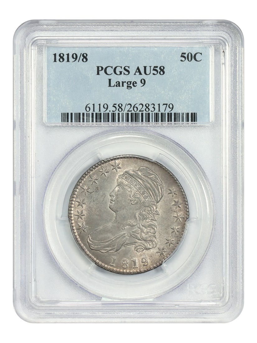 Capped Bust Half Dollar 1819 Over 8 Large 9 PCGS AU58 (1 of 4)