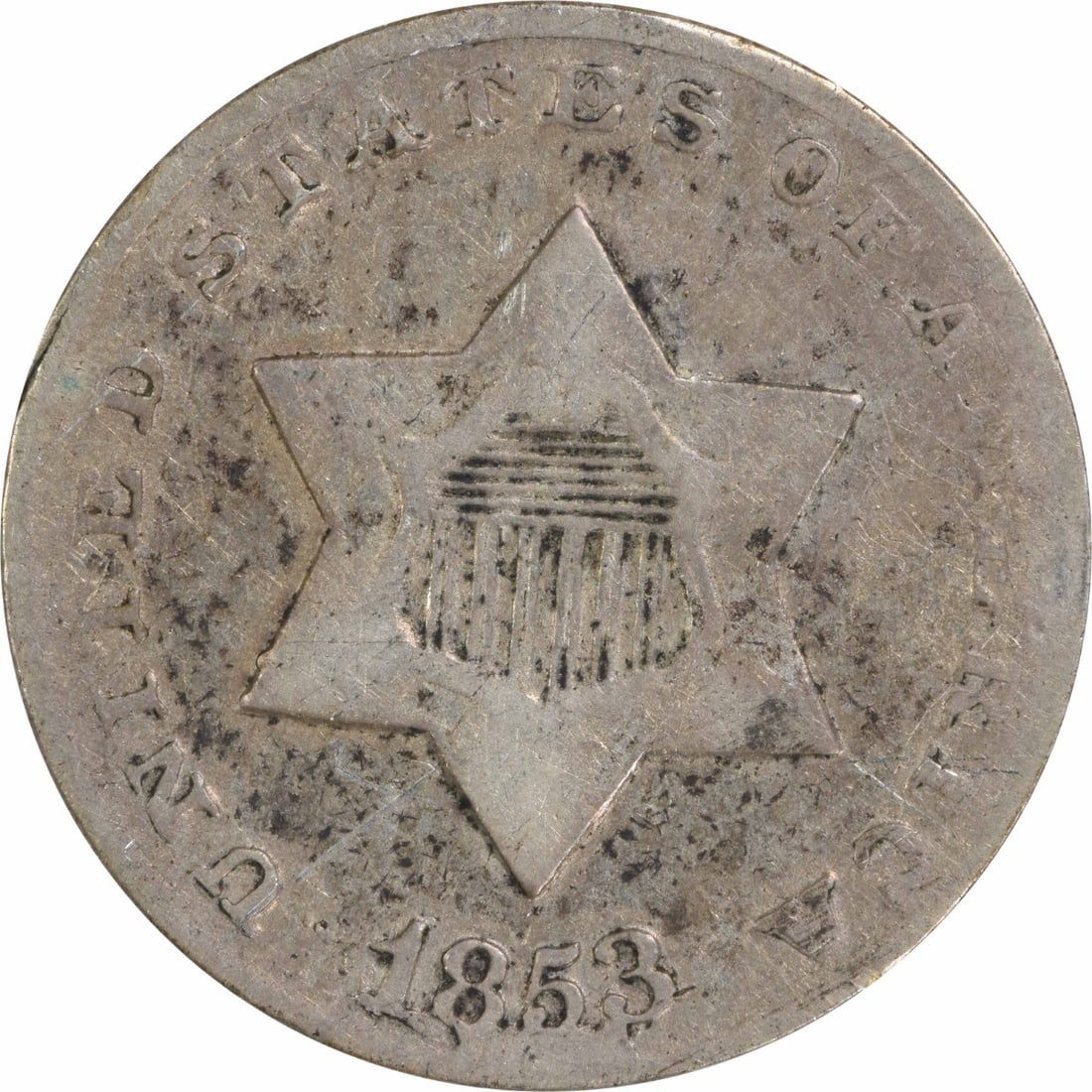 1853 Three Cent Silver Coin F Uncertified Philadelphia Mint: 1853 Three Cent Silver Coin F Uncertified Philadelphia Mint This 1853 Three Cent Silver coin, produced in Philadelphia, features a composition of 75% silver and 25% copper. It is classified as circula