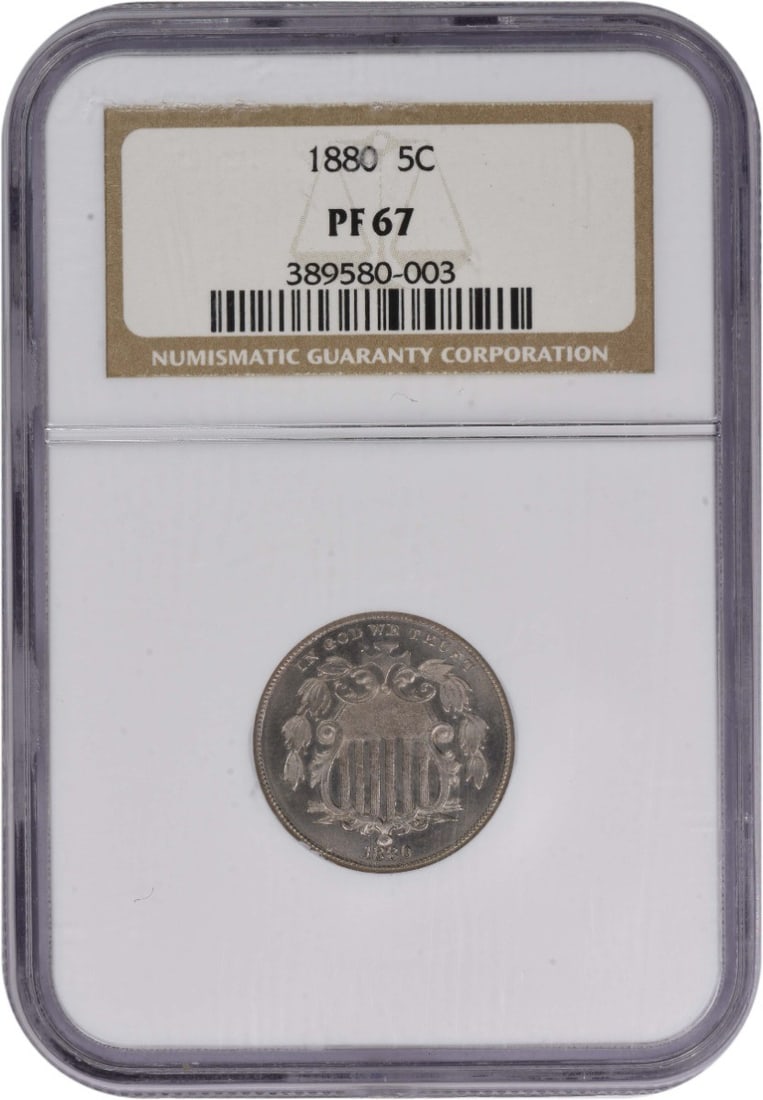 Proof 1880 Shield Nickel Graded PR67 by NGC: Proof 1880 Shield Nickel Graded PR67 by NGC This 1880 Shield Nickel is a proof coin graded PR67 by NGC. Struck in Philadelphia, it features a composition of 75% copper and 25% nickel. Designed by Jame