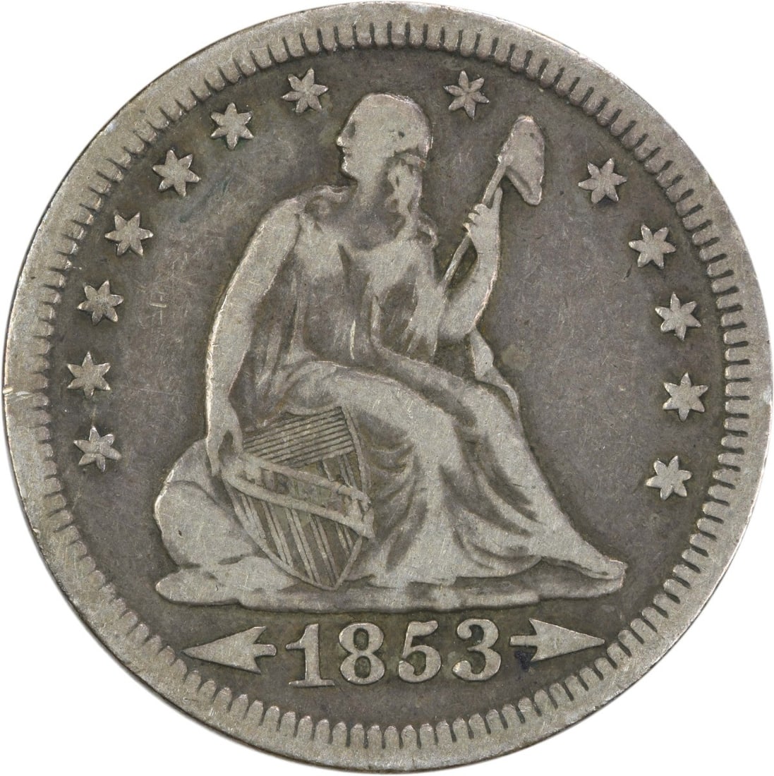 1853 Liberty Seated Silver Quarter VF Uncertified 90% Silver: 1853 Liberty Seated Silver Quarter VF Uncertified 90% Silver This 1853 Liberty Seated Silver Quarter features the classic design by Robert Ball Hughes and Christian Gobrecht. Struck at the Philadelphi