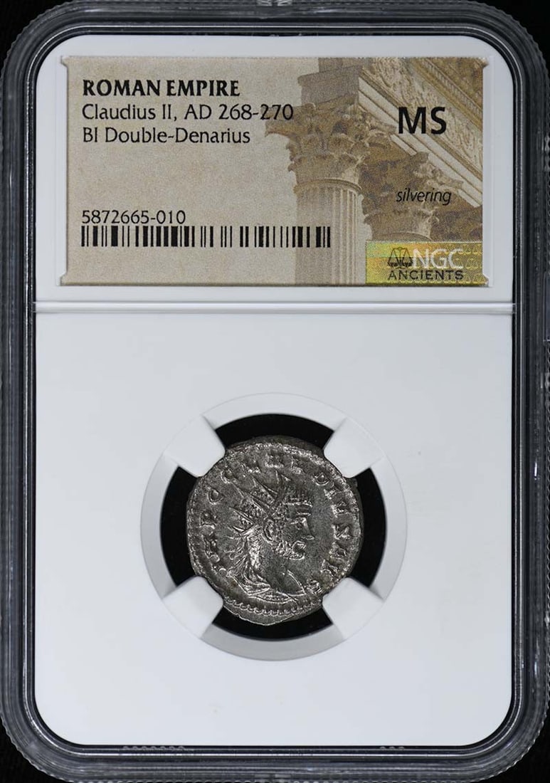 NGC MS Certified Claudius II Roman Double Denarius Coin: NGC MS Certified Claudius II Roman Double Denarius Coin This is a Roman Empire BI Double-Denarius from the reign of Claudius II, dating from AD 268-270. The coin is certified by NGC with a Mint State 