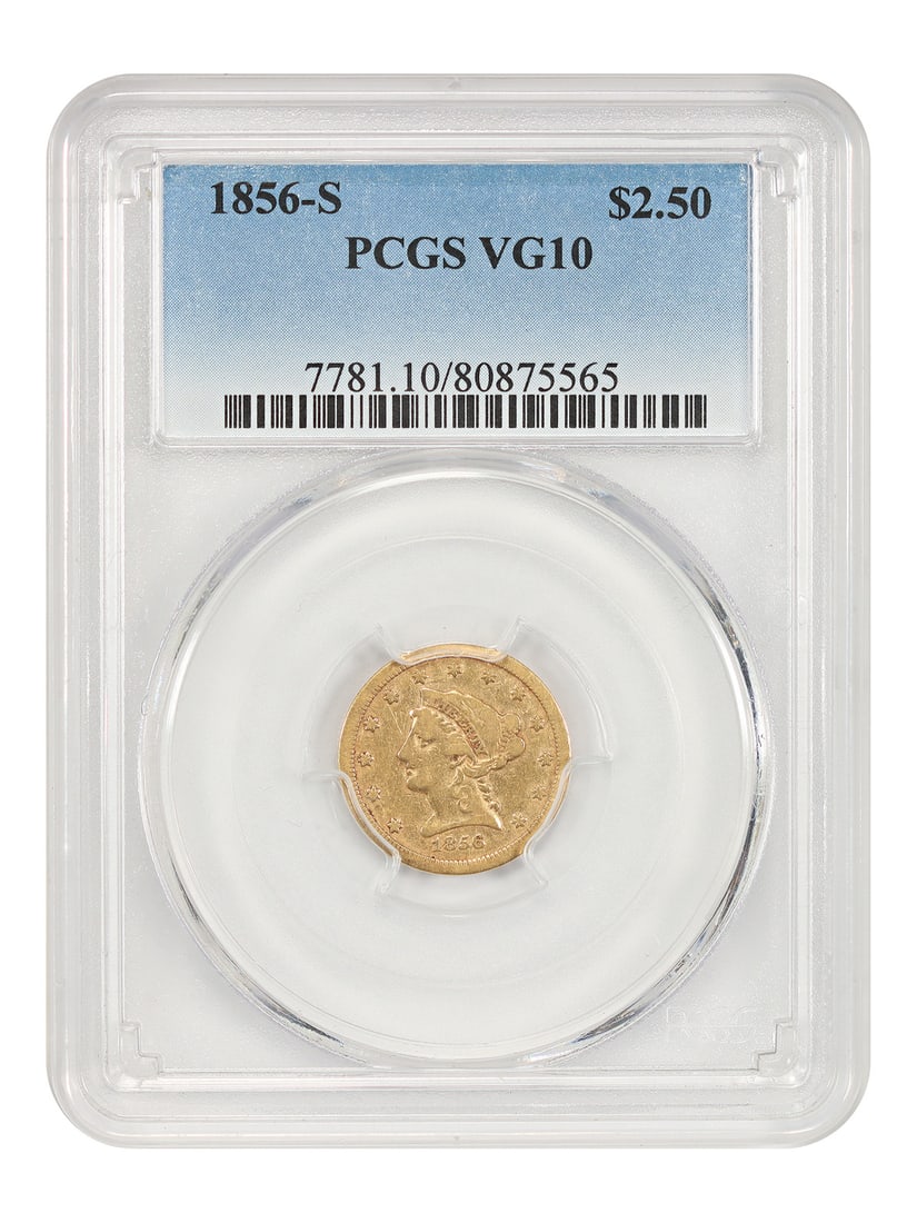 Liberty Head Quarter Eagle 1856 San Francisco Gold Coin PCGS VG10: Liberty Head Quarter Eagle 1856 San Francisco Gold Coin PCGS VG10 This is an 1856-S Liberty Head $2.50 gold coin, graded VG10 by PCGS. Minted in San Francisco, this circulated quarter eagle is part of