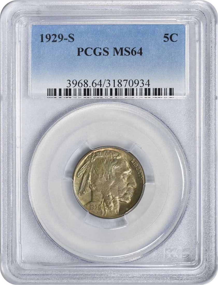 1929-S/S Buffalo Nickel MS64 PCGS Certified Uncirculated: 1929-S/S Buffalo Nickel MS64 PCGS Certified Uncirculated This is a 1929-S/S Buffalo Nickel, certified by PCGS with a grade of MS64, indicating it is in uncirculated condition. The coin features the ic