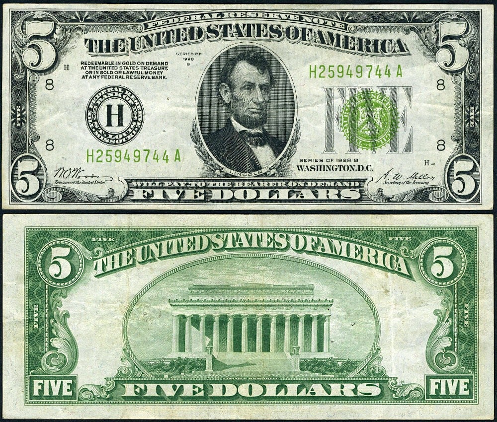 1928-B $5 Federal Reserve Note St. Louis H-A Block VF+ (1 of 3)