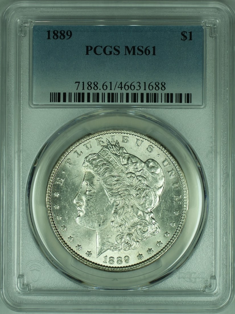 PCGS MS61 1889 Morgan Silver Dollar Philadelphia Mint Certified Coin: PCGS MS61 1889 Morgan Silver Dollar Philadelphia Mint Certified Coin This is an 1889 Morgan Silver Dollar coin from the United States, certified by PCGS with a Mint State 61 (MS 61) grade. The coin is