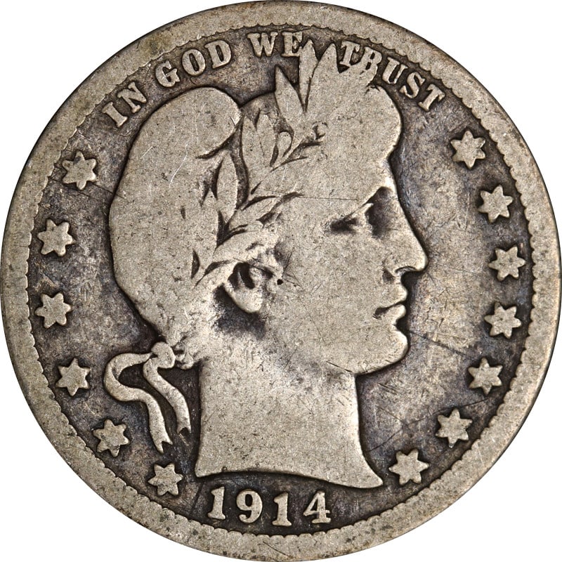 1914 San Francisco Silver Barber Quarter Dollar United States Circulated: 1914 San Francisco Silver Barber Quarter Dollar United States Circulated This 1914-S Barber Quarter is a circulated coin from the United States, minted in San Francisco. Made of silver with a fineness
