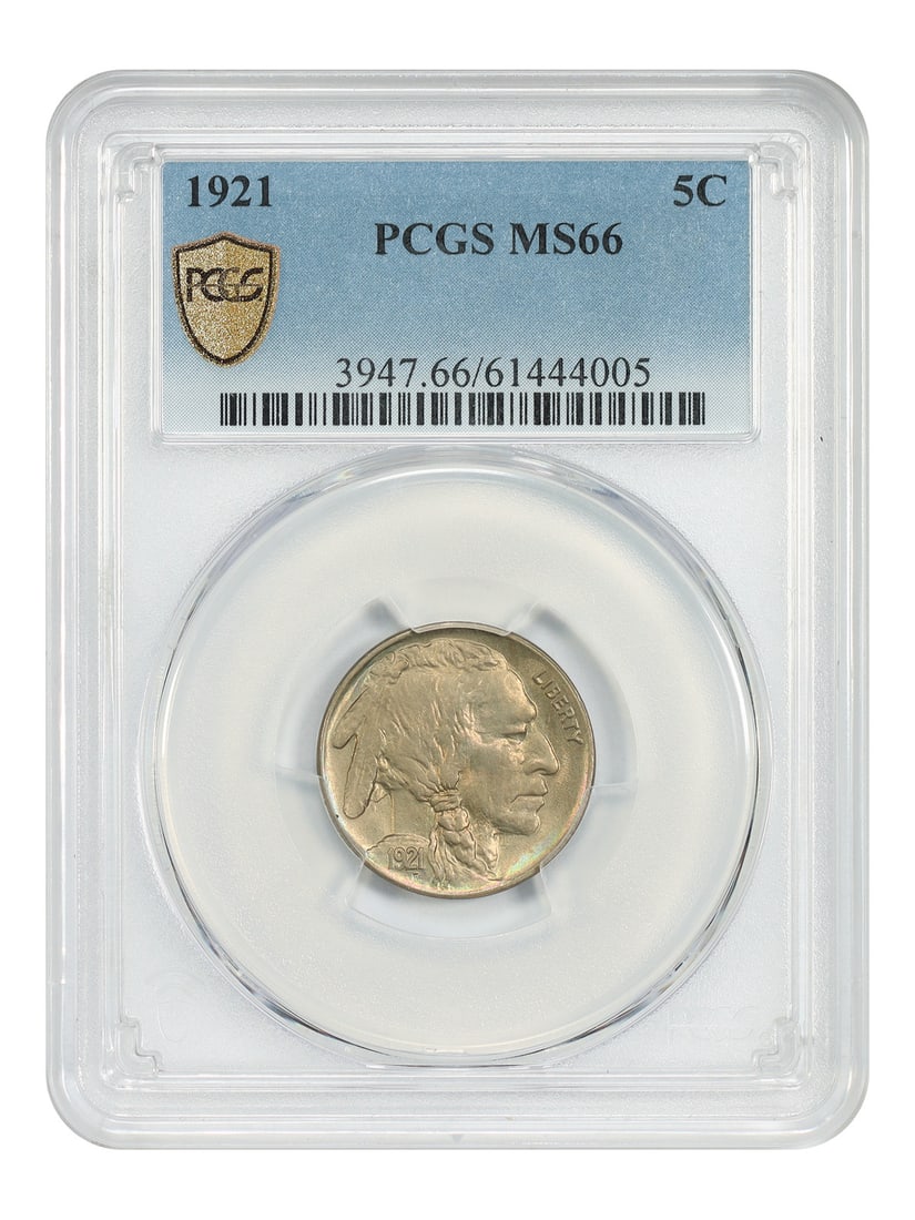 1921 Buffalo Nickel Five Cent Coin PCGS MS66 Philadelphia Mint: 1921 Buffalo Nickel Five Cent Coin PCGS MS66 Philadelphia Mint This 1921 Buffalo Nickel is graded MS66 by PCGS and features a sharply executed strike with hints of rainbow toning on both sides. It is 