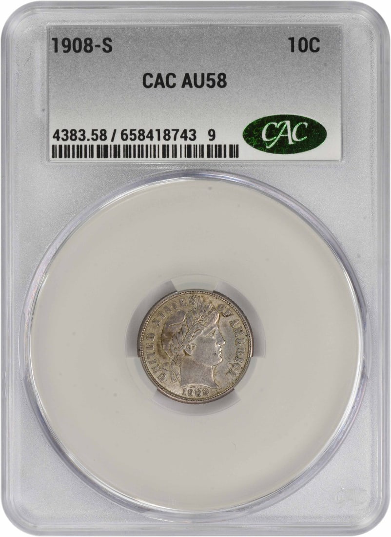 AU58 CACG Certified 1908 San Francisco Barber Dime 10C Silver Coin: AU58 CACG Certified 1908 San Francisco Barber Dime 10C Silver Coin This 1908-S Barber Silver Dime is graded AU58 and certified by CACG. Struck at the San Francisco Mint, it features a composition of 9