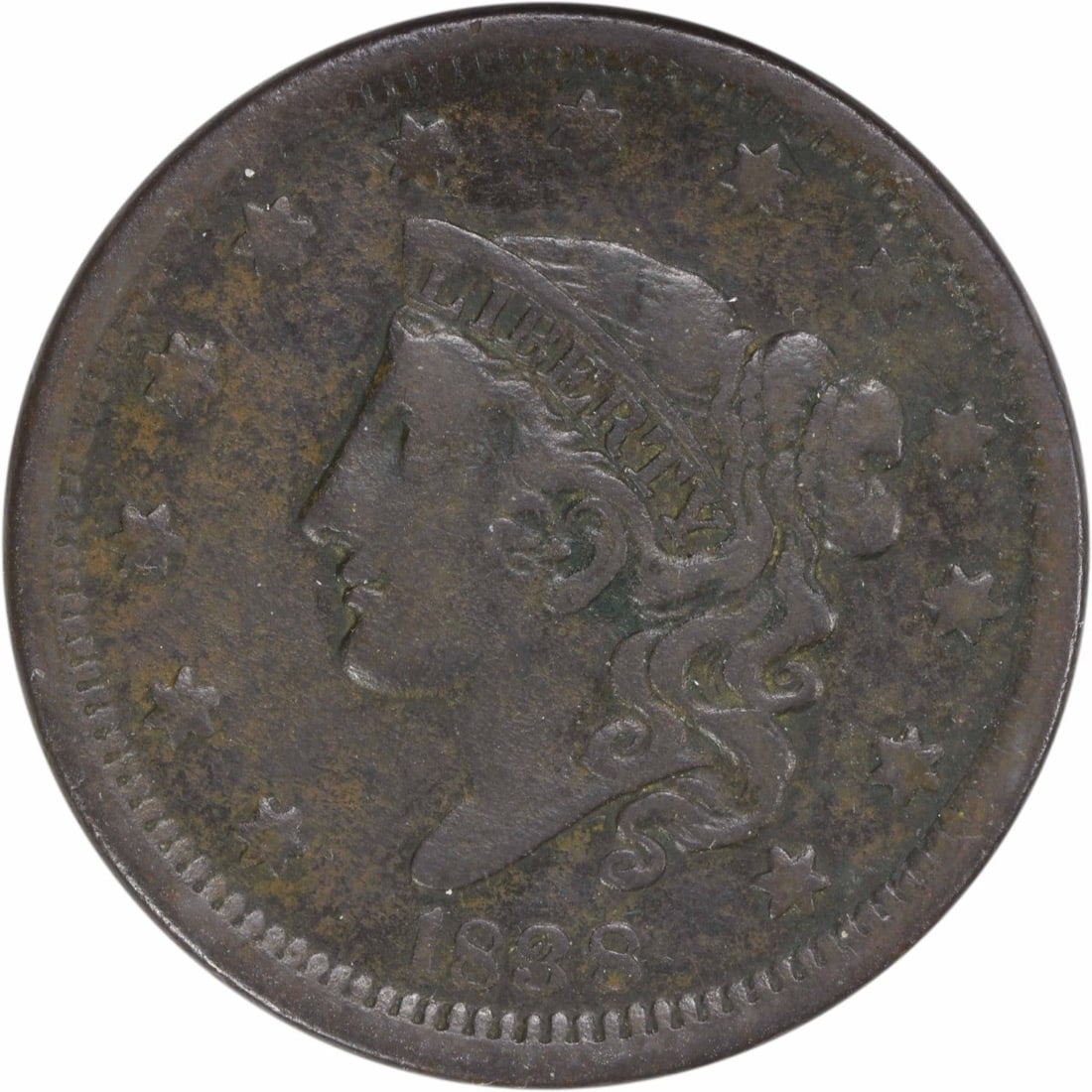 1838 Coronet Head Large Cent VF Uncertified Copper Coin: 1838 Coronet Head Large Cent VF Uncertified Copper Coin This 1838 Large Cent showcases the classic Coronet Head design, crafted from copper and minted in Philadelphia. The coin is graded as Very Fine 