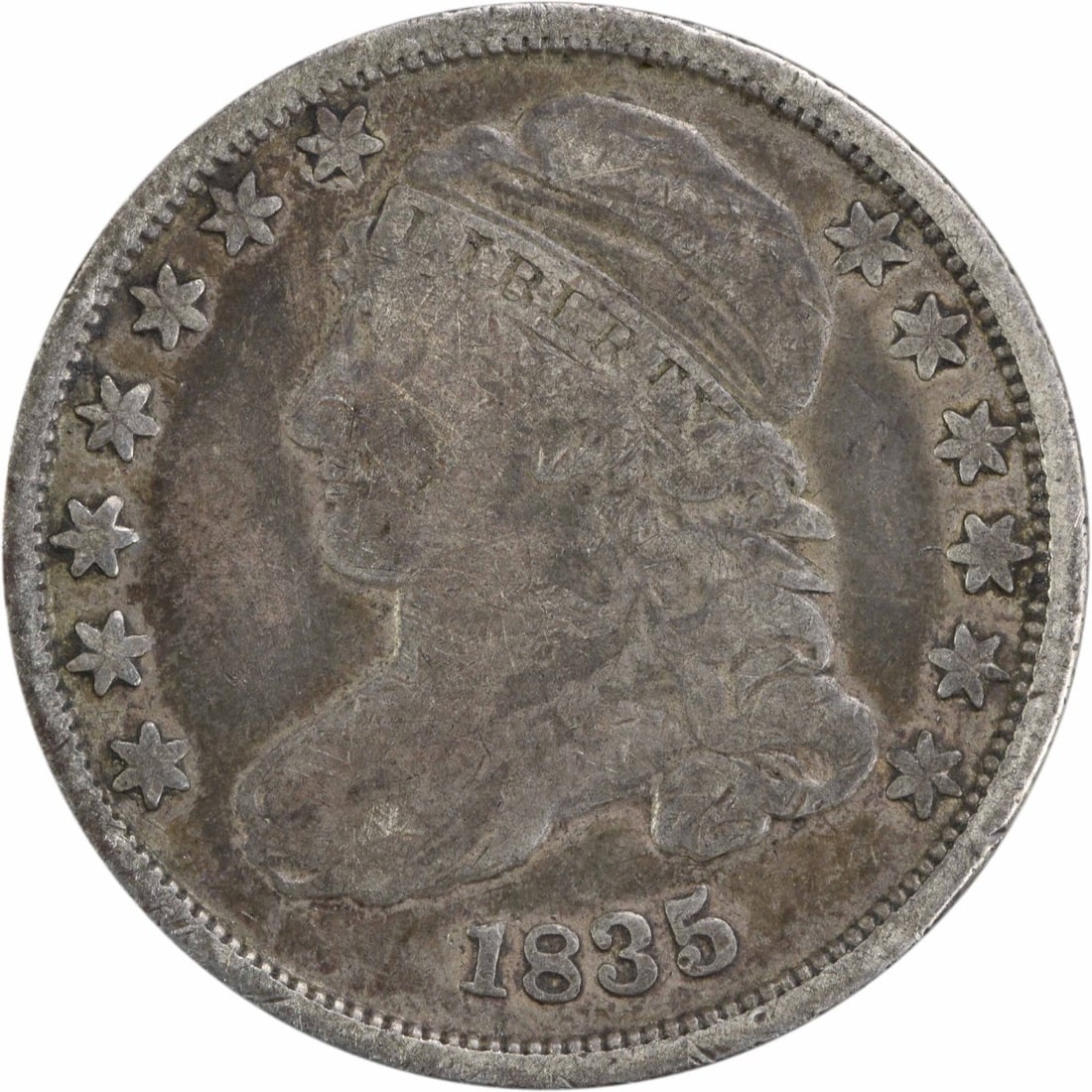 1835 Capped Bust Silver Dime 10C Uncertified Philadelphia Mint: 1835 Capped Bust Silver Dime 10C Uncertified Philadelphia Mint This 1835 Bust Silver Dime features the iconic Capped Bust design created by John Reich. It is a circulated coin with a grade of Very Goo