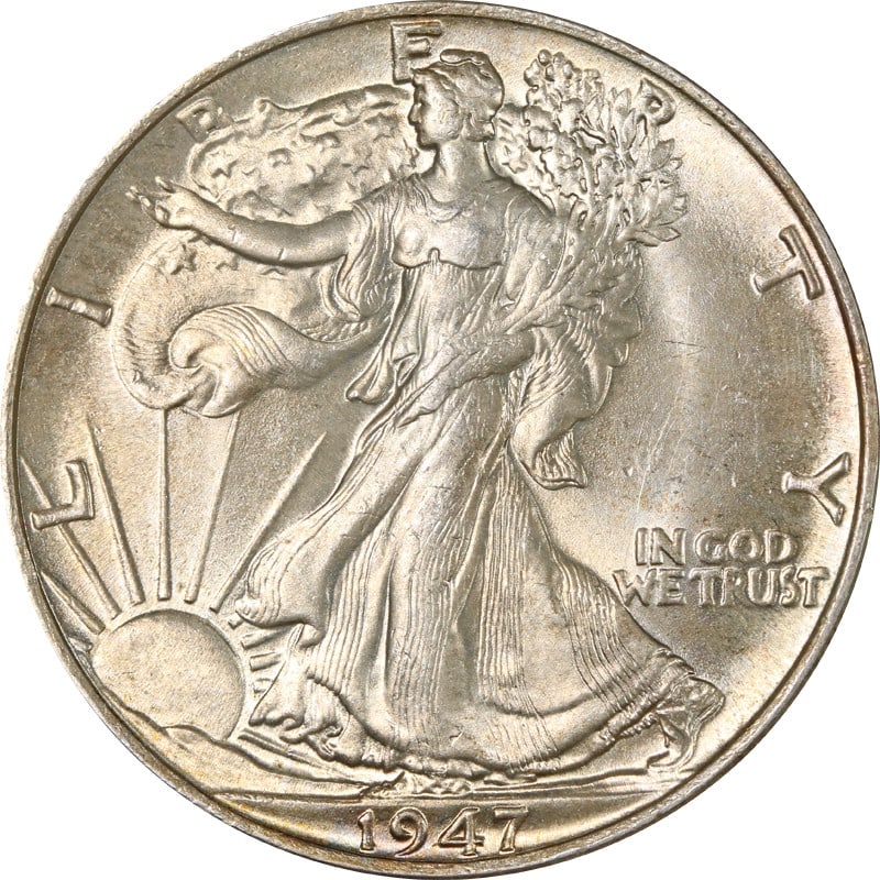 1947 Philadelphia Silver Walking Liberty Half Dollar Coin: 1947 Philadelphia Silver Walking Liberty Half Dollar Coin This is a 1947-P Walking Liberty Half Dollar from the United States. The coin is composed of silver with a fineness of 0.9 and was minted in P