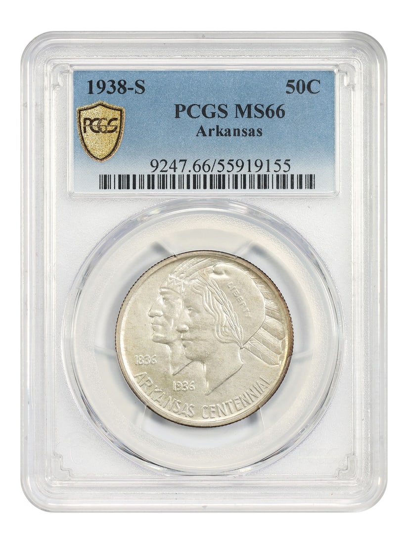 Arkansas 1938-S Half Dollar PCGS MS66 Classic Silver Commemorative Coin: Arkansas 1938-S Half Dollar PCGS MS66 Classic Silver Commemorative Coin This 1938-S Arkansas 50-cent coin is a classic silver commemorative issued to mark the 100th anniversary of Arkansas's admission
