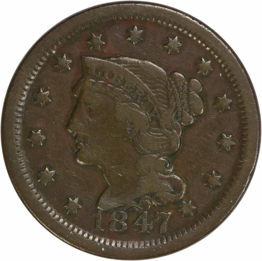 1847 Braided Hair Large Cent Copper Coin VF Uncertified: 1847 Braided Hair Large Cent Copper Coin VF Uncertified This 1847 Large Cent features the iconic Braided Hair design by Christian Gobrecht. It is a circulated coin, showcasing a Very Fine (VF) grade. 