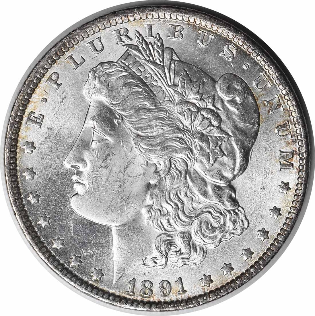 Uncirculated 1891 Silver Dollar Morgan Choice BU No Mint Mark: Uncirculated 1891 Silver Dollar Morgan Choice BU No Mint Mark This 1891 Morgan Silver Dollar is a Choice Brilliant Uncirculated example, featuring no mint mark. It is composed of silver and remains un