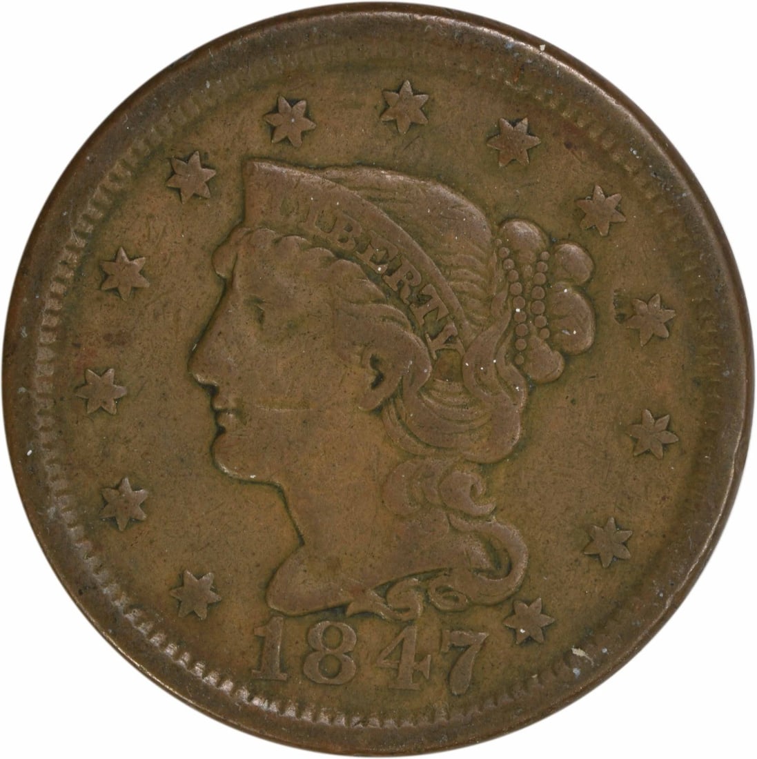1847 Braided Hair Large Cent VF Uncertified Copper Coin: 1847 Braided Hair Large Cent VF Uncertified Copper Coin This 1847 Large Cent features a classic Braided Hair design by Christian Gobrecht, struck at the Philadelphia mint. The coin is in a Very Fine (