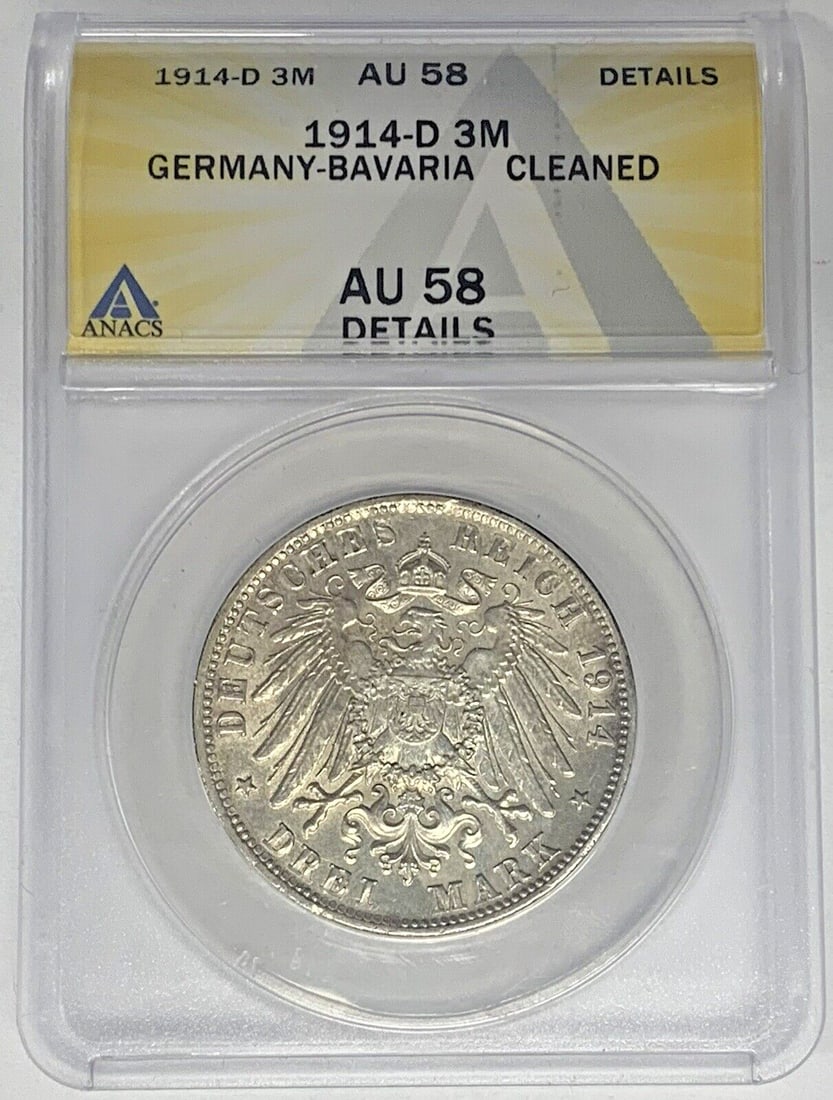 Germany 1914-D 3 Mark ANACS AU 58 Details Empire Period Coin Cleaned (1 of 2)