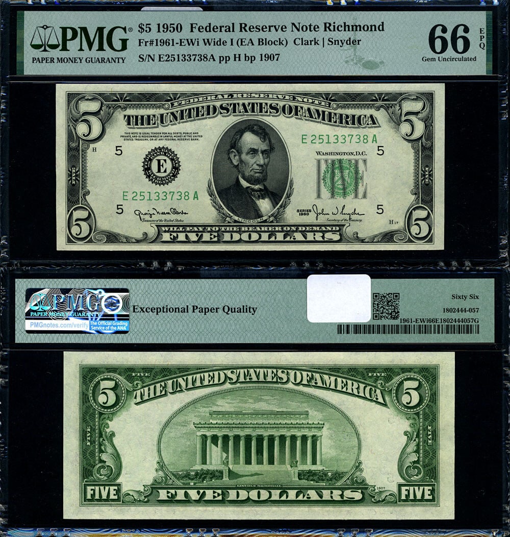 1950 $5 Federal Reserve Note Richmond E-A Block PMG Gem CU66 EPQ: 1950 $5 Federal Reserve Note Richmond E-A Block PMG Gem CU66 EPQ This uncirculated 1950 Federal Reserve Note, designated as FR. 1961 EWi, features the Richmond E-A Block. Graded as Gem CU66 EPQ by PMG