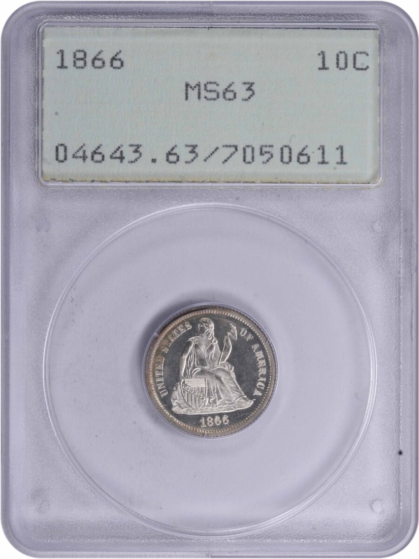 1866 Liberty Seated Silver Dime MS63 PCGS 90% Silver 10C Uncirculated: 1866 Liberty Seated Silver Dime MS63 PCGS 90% Silver 10C Uncirculated This 1866 Liberty Seated Silver Dime is in an uncirculated condition and has been certified by PCGS with a grade of MS63. Minted i
