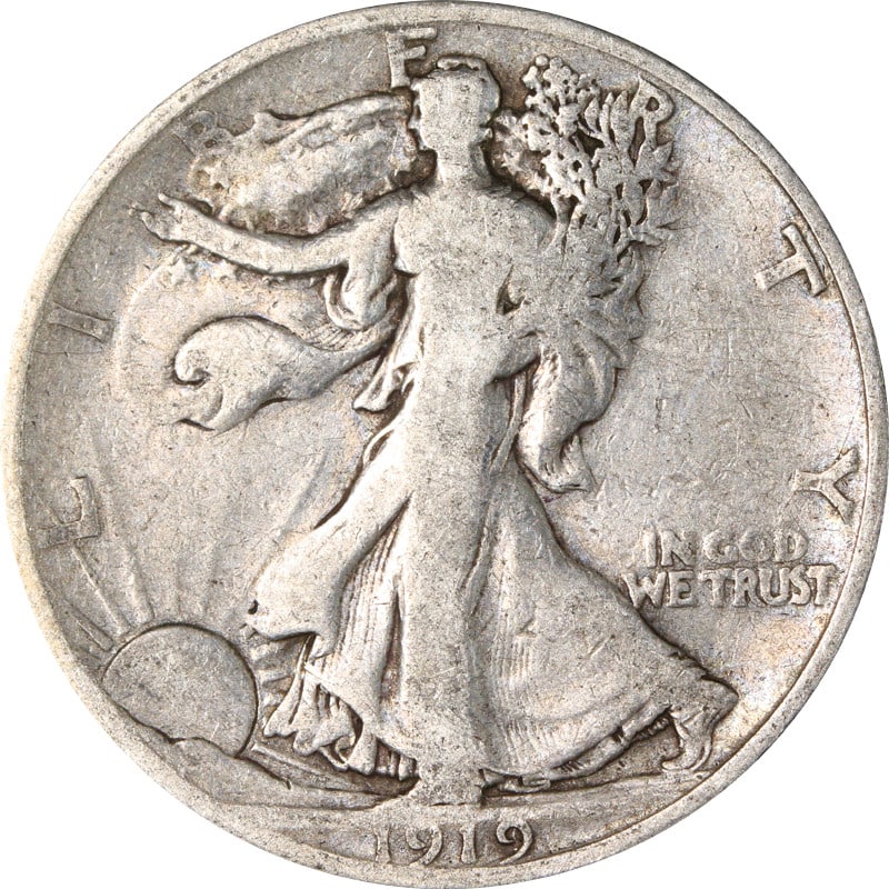 1919 San Francisco Walking Liberty Silver Half Dollar Coin United States: 1919 San Francisco Walking Liberty Silver Half Dollar Coin United States This is a 1919-S Walking Liberty Half Dollar from the United States. The coin is composed of silver with a fineness of 0.9 and 