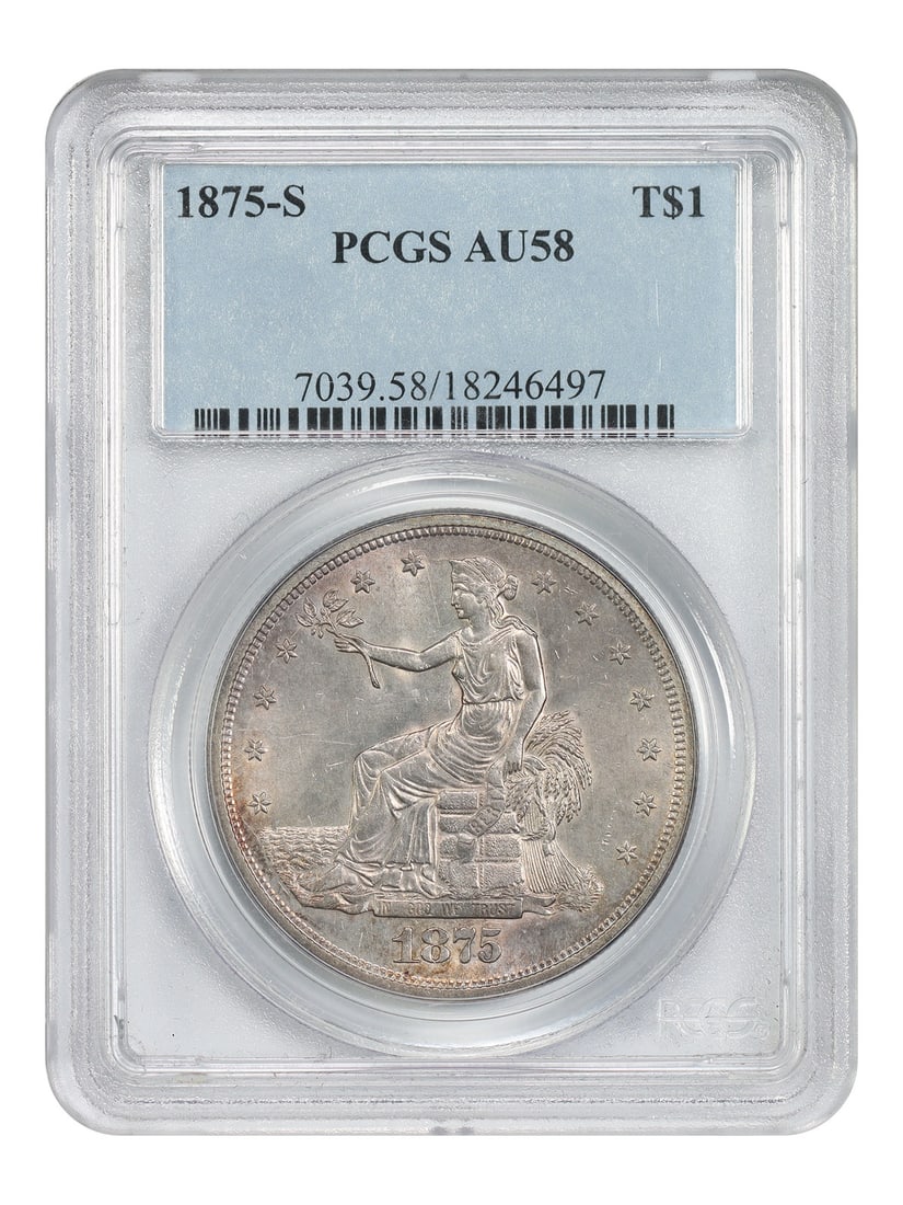 PCGS AU58 1875 San Francisco Trade Dollar Silver Coin: PCGS AU58 1875 San Francisco Trade Dollar Silver Coin This 1875-S Trade Dollar offers impressive eye appeal and has been graded AU58 by PCGS. Minted in San Francisco, this circulated coin is an excell