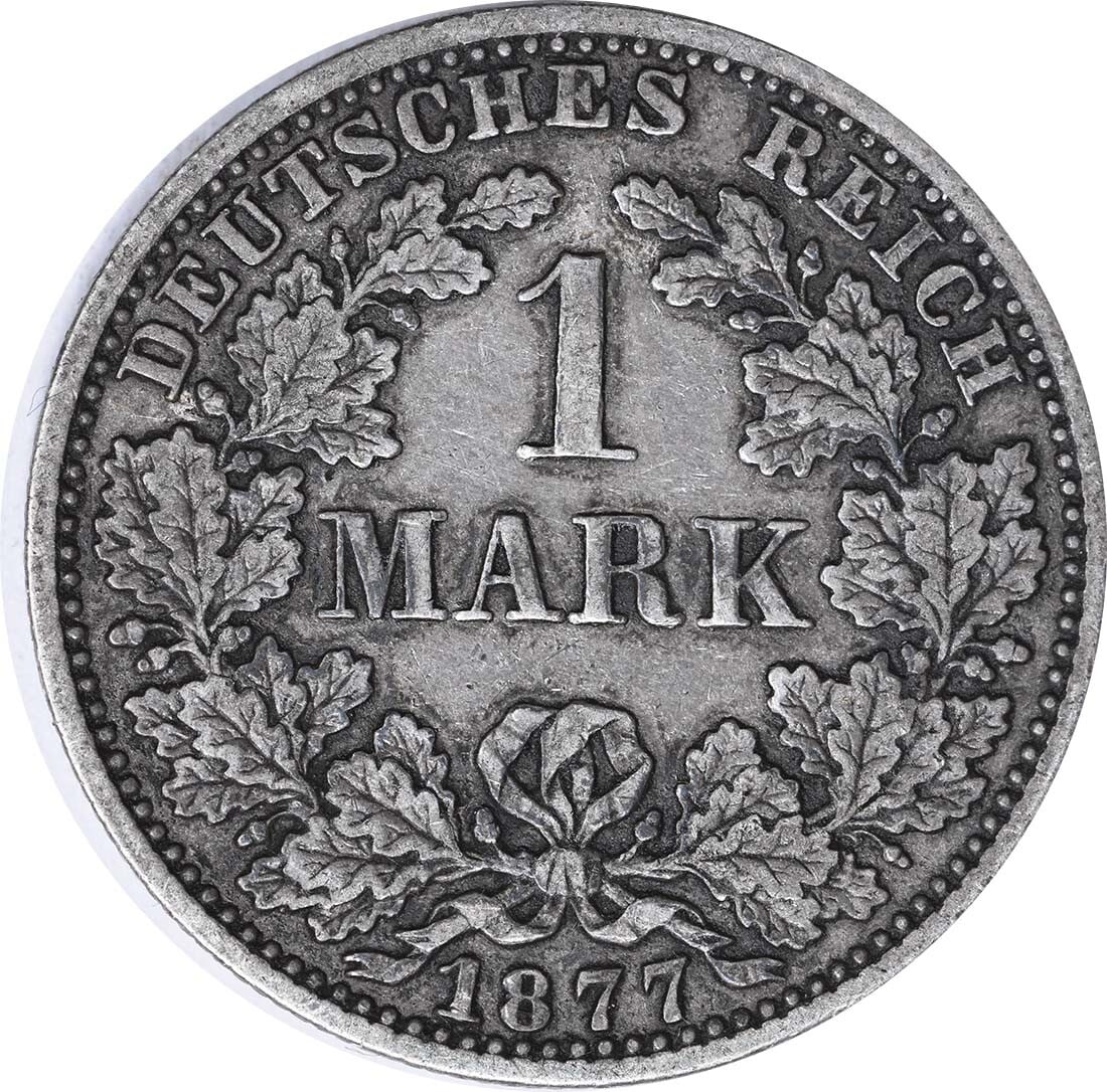 1877 Germany 1 Mark KM7 Silver Coin Uncertified XF: 1877 Germany 1 Mark KM7 Silver Coin Uncertified XF This 1 Mark coin from Germany, minted in 1877, features a composition of silver and is cataloged under KM number 7. The coin is classified as circula