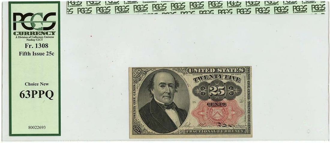 1874 25c Fifth Issue Fractional Note Fr.1308 PCGS MS63 PPQ: 1874 25c Fifth Issue Fractional Note Fr.1308 PCGS MS63 PPQ This 1874 Fifth Issue 25c Fractional Note (Fr.1308) is certified by PCGS Currency with a grade of MS63. The note is classified as uncirculate