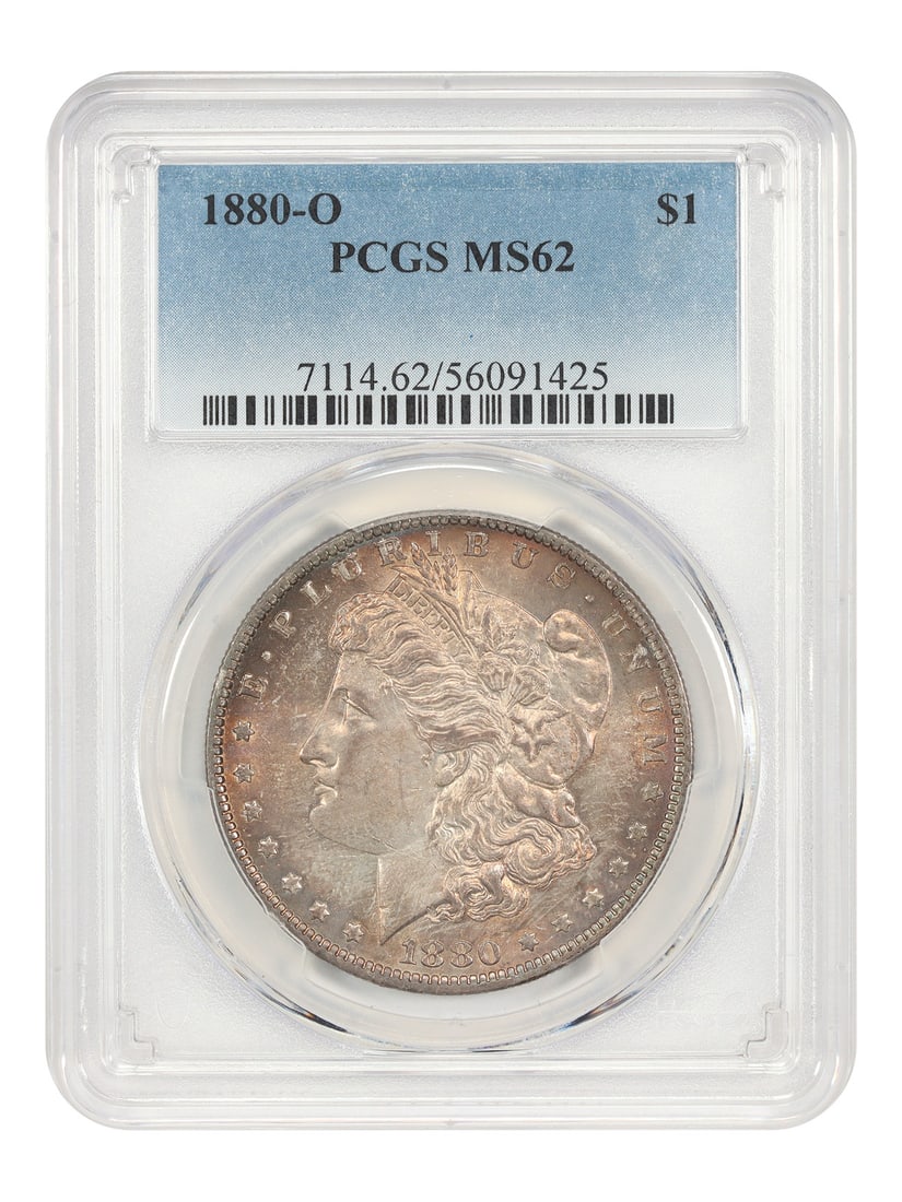 1880-O Morgan Silver Dollar PCGS MS62 Graded Uncirculated New Orleans Mint: 1880-O Morgan Silver Dollar PCGS MS62 Graded Uncirculated New Orleans Mint This 1880-O Morgan Dollar is certified by PCGS with a grade of MS62, indicating an uncirculated coin. Minted in New Orleans, 