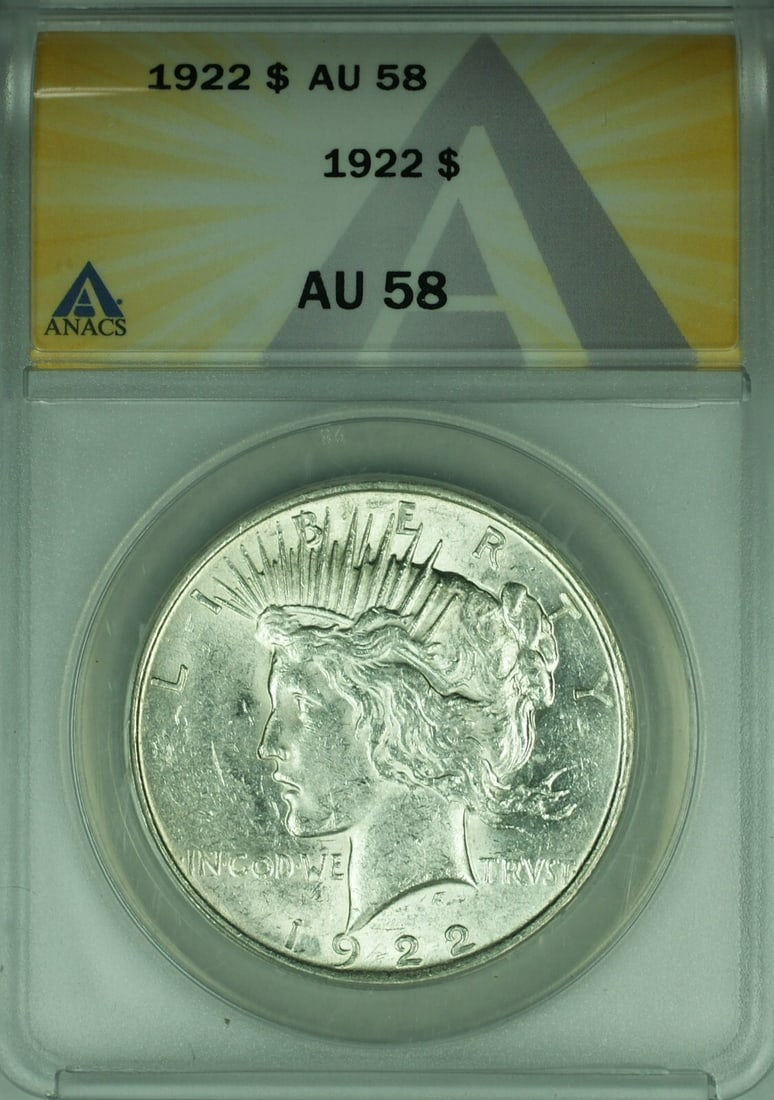 1922 ANACS AU58 Peace Silver Dollar from Philadelphia Mint: 1922 ANACS AU58 Peace Silver Dollar from Philadelphia Mint This is a 1922 Peace Silver Dollar, certified by ANACS with a grade of AU-58. Struck in Philadelphia, this circulated coin is composed of sil