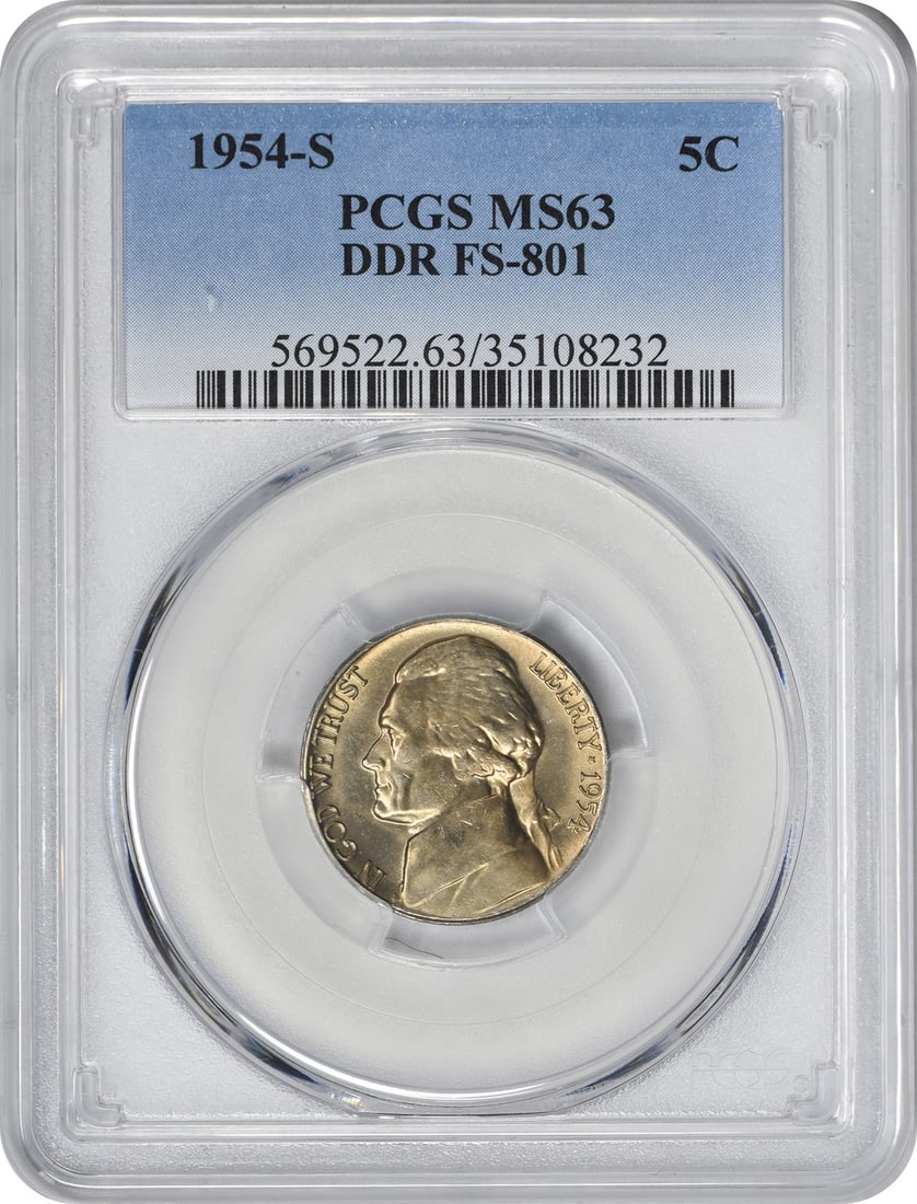 1954-S Jefferson Nickel DDR FS-801 MS63 PCGS Uncirculated: 1954-S Jefferson Nickel DDR FS-801 MS63 PCGS Uncirculated This 1954-S Jefferson Nickel is a remarkable collectible, certified by PCGS with a grade of MS63. Struck in San Francisco, this coin features 