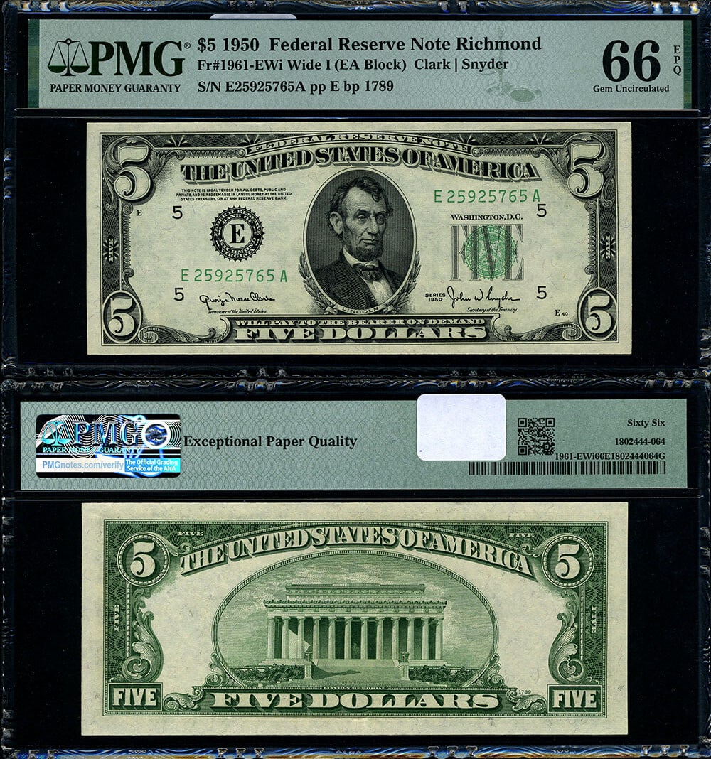 1950 $5 Federal Reserve Note Richmond E-A Block PMG CU66 Gem: 1950 $5 Federal Reserve Note Richmond E-A Block PMG CU66 Gem This is a stunning uncirculated $5 Federal Reserve Note from 1950, featuring the Richmond E-A Block Wide I. Graded as Gem CU66 EPQ by PMG, 