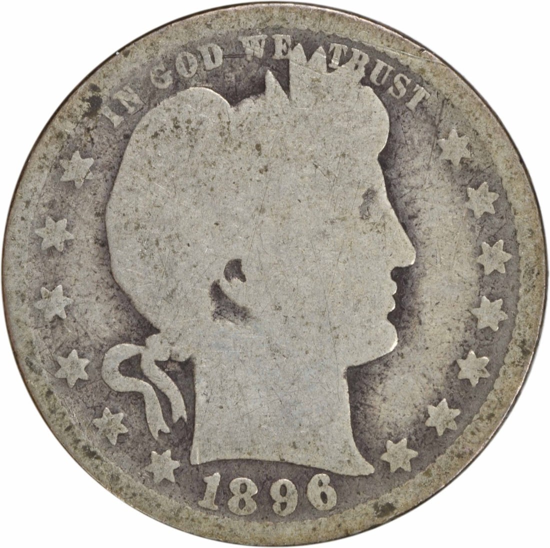 1896-O Barber Quarter 25C G Uncertified 90% Silver Coin: 1896-O Barber Quarter 25C G Uncertified 90% Silver Coin This 1896-O Barber Silver Quarter is a notable piece of American numismatic history. Minted in New Orleans, this quarter features a classic desi
