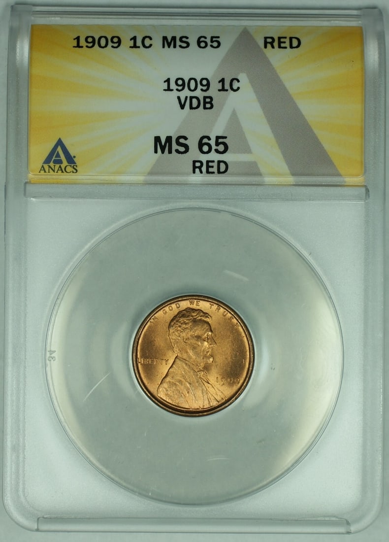 1909 VDB Lincoln Wheat Cent ANACS MS 65 Red Certified Coin: 1909 VDB Lincoln Wheat Cent ANACS MS 65 Red Certified Coin This is a 1909 VDB Lincoln Wheat Cent 1C coin, certified by ANACS with a grade of MS 65 Red. The coin is uncirculated and features the origin