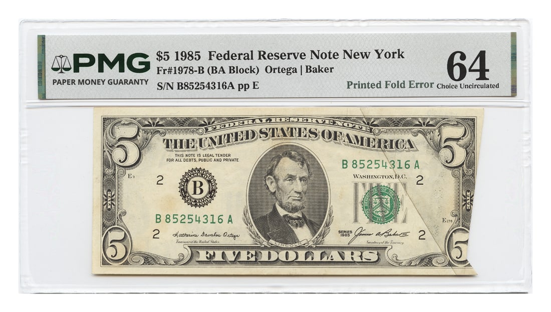 1985 $5 Federal Reserve Note Fold Error PMG UNC64 New York (1 of 2)