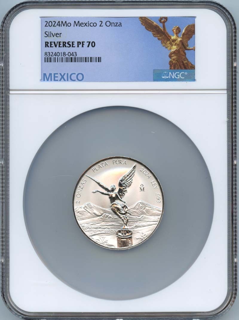 NGC RP70 2024 Mexico Silver 2 Onza Libertad Coin: NGC RP70 2024 Mexico Silver 2 Onza Libertad Coin This is a 2024 Mo Mexico Libertad 2 Onza silver coin, certified by NGC with a grade of RP70. The coin is uncirculated and originates from Mexico. It is