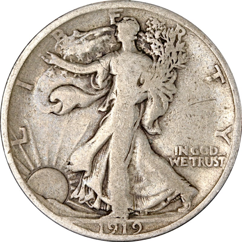 1919 Philadelphia Silver Walking Liberty Half Dollar Coin United States: 1919 Philadelphia Silver Walking Liberty Half Dollar Coin United States This is a 1919-P Walking Liberty Half Dollar from the United States. The coin is composed of silver with a fineness of 0.9 and w