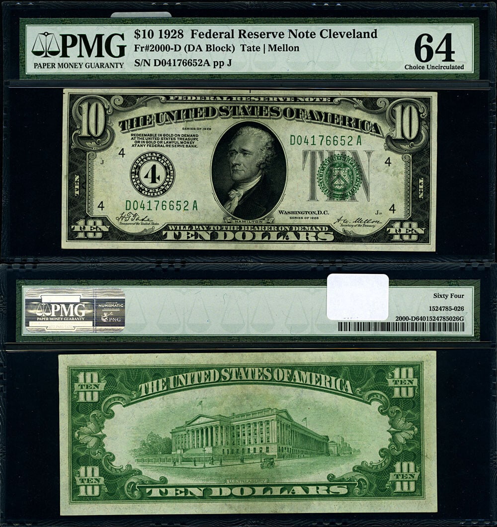 1928 $10 Federal Reserve Note Cleveland D-A Block PMG CU64 EPQ: 1928 $10 Federal Reserve Note Cleveland D-A Block PMG CU64 EPQ This 1928 Federal Reserve Note, denomination $10, features the Cleveland D-A Block and is graded as Choice CU64 EPQ by PMG. The note is u