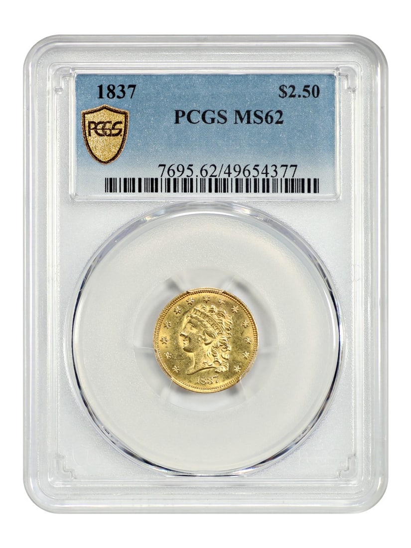 Classic Head 1837 $2.50 Gold Coin PCGS MS62 Philadelphia Mint: Classic Head 1837 $2.50 Gold Coin PCGS MS62 Philadelphia Mint This 1837 Classic Head $2.50 gold coin is graded MS62 by PCGS and originates from the Philadelphia Mint. It is an uncirculated, low-mintag