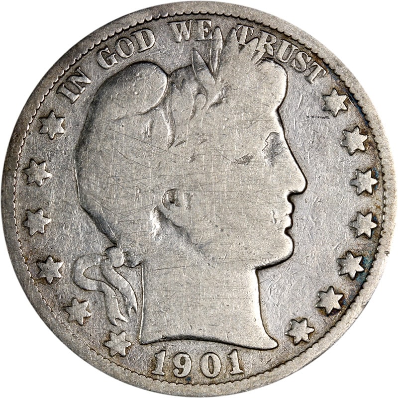 Silver Half Dollar 1901 San Francisco Mint Barber Series: Silver Half Dollar 1901 San Francisco Mint Barber Series This is a 1901-S Barber Half Dollar, minted in San Francisco. The coin is composed of silver and is in circulated, pre-owned condition. It is u