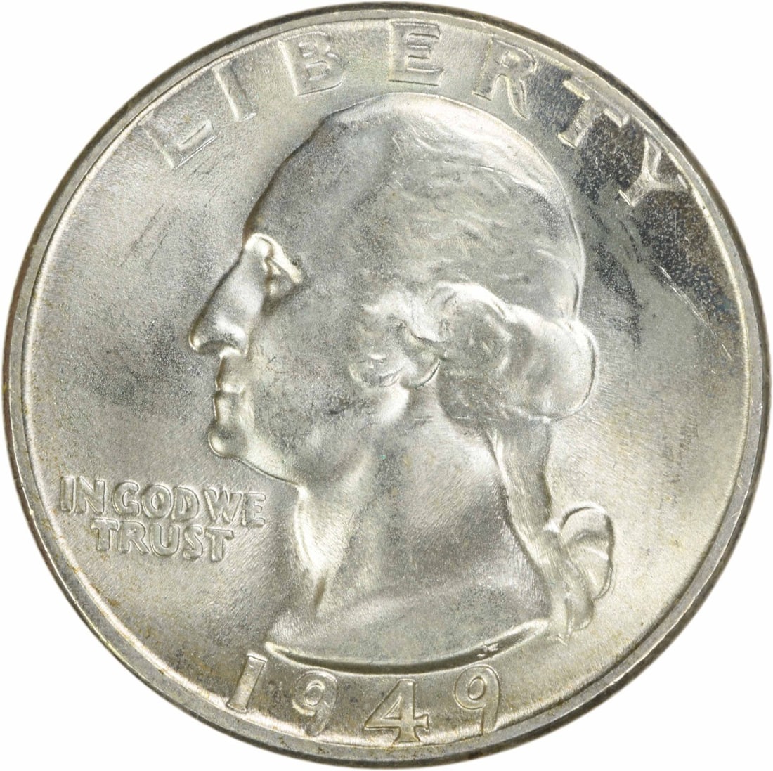 1949 Silver 25C Washington Quarter Uncirculated Choice BU Plus Uncertified: 1949 Silver 25C Washington Quarter Uncirculated Choice BU Plus Uncertified This 1949 Washington quarter is composed of silver and features a Choice Brilliant Uncirculated (BU+) grade. It remains uncer